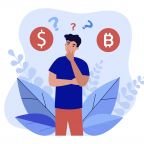 Man thinking about buying bitcoin. Male character standing with question mark and currency symbols flat vector illustration. Bitcoin investment concept for banner, website design or landing web page