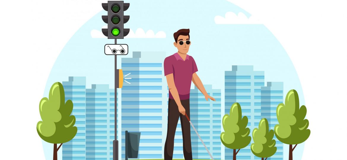 Disabilities people scene of handicapped man crosses crosswalk. Sign blind pedestrians, traffic light green signal.