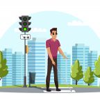 Disabilities people scene of handicapped man crosses crosswalk. Sign blind pedestrians, traffic light green signal.