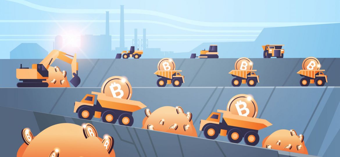 heavy trucks mining transport with bitcoins golden coin digital money production cryptocurrency blockchain