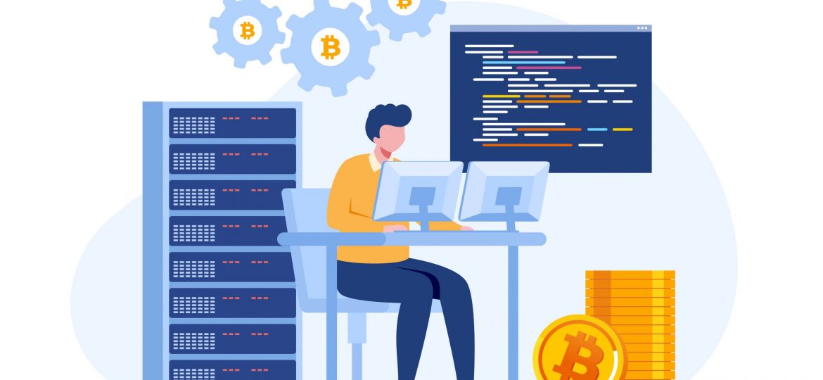 bitcoin mining with supercomputer, coin farming, cryptocurrency concept, flat illustration vector