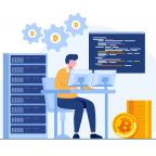 bitcoin mining with supercomputer, coin farming, cryptocurrency concept, flat illustration vector