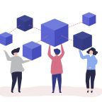 Characters of people holding a blockchain network illustration